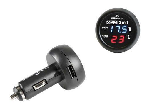 AKKUŐR+HŐMÉRŐ DIGITÁLIS 12/24V USB CSATLAKOZÓVAL
