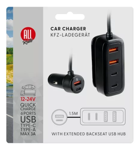 Autós töltő 12?24 V, USB-A + USB-C, hub funkcióval
