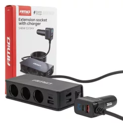   Szivargyújtó-s gyorstöltő hosszabbítóval  3xUSB-A + 1xUSB-C PD148W  12/24V