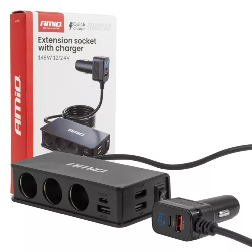 Szivargyújtó-s gyorstöltő hosszabbítóval  3xUSB-A + 1xUSB-C PD148W  12/24V