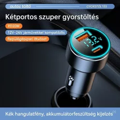 Autós gyorstöltő feszültségmérővel (Type-C+USB)