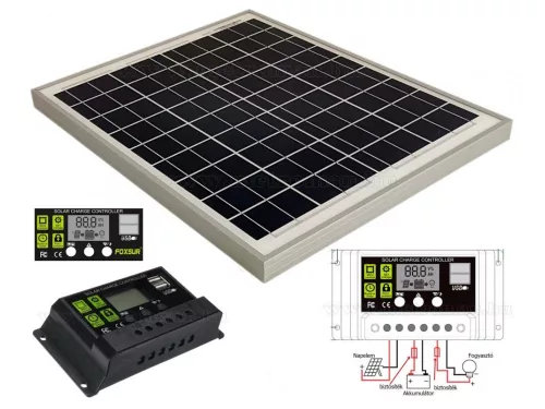 NAPELEMES AKKUTÖLTŐSZETT 12/24V-OS TÖLTÉSVEZÉRLŐVEL 30W
