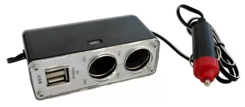 Szivargyújó elosztó 2-es + 2 USB 12-24V, 2x500mA