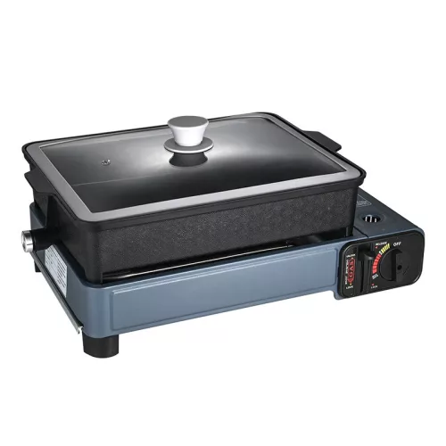Hordozható gázfőző grill serpenyővel