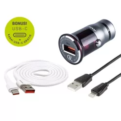 USB töltő 12/24V, USB-C és lightning kábel