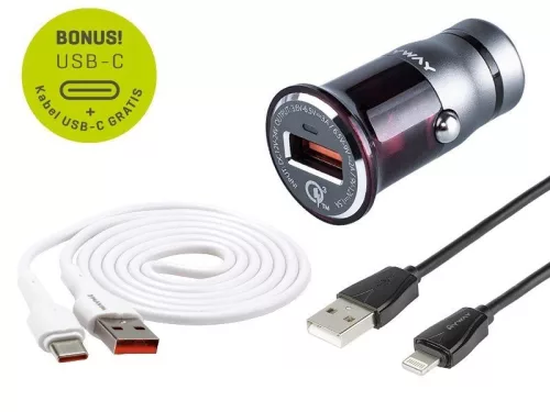 USB töltő 12/24V, USB-C és lightning kábel